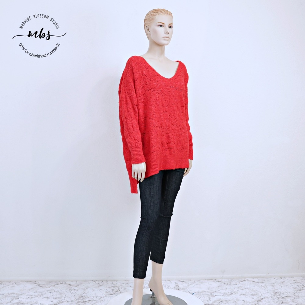 Intimately by Free People Wool Blend Open Knit V Neck Sweater Red Women S